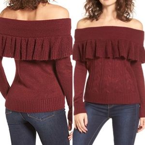 Maroon WAYF ruffle off the shoulder knit sweater